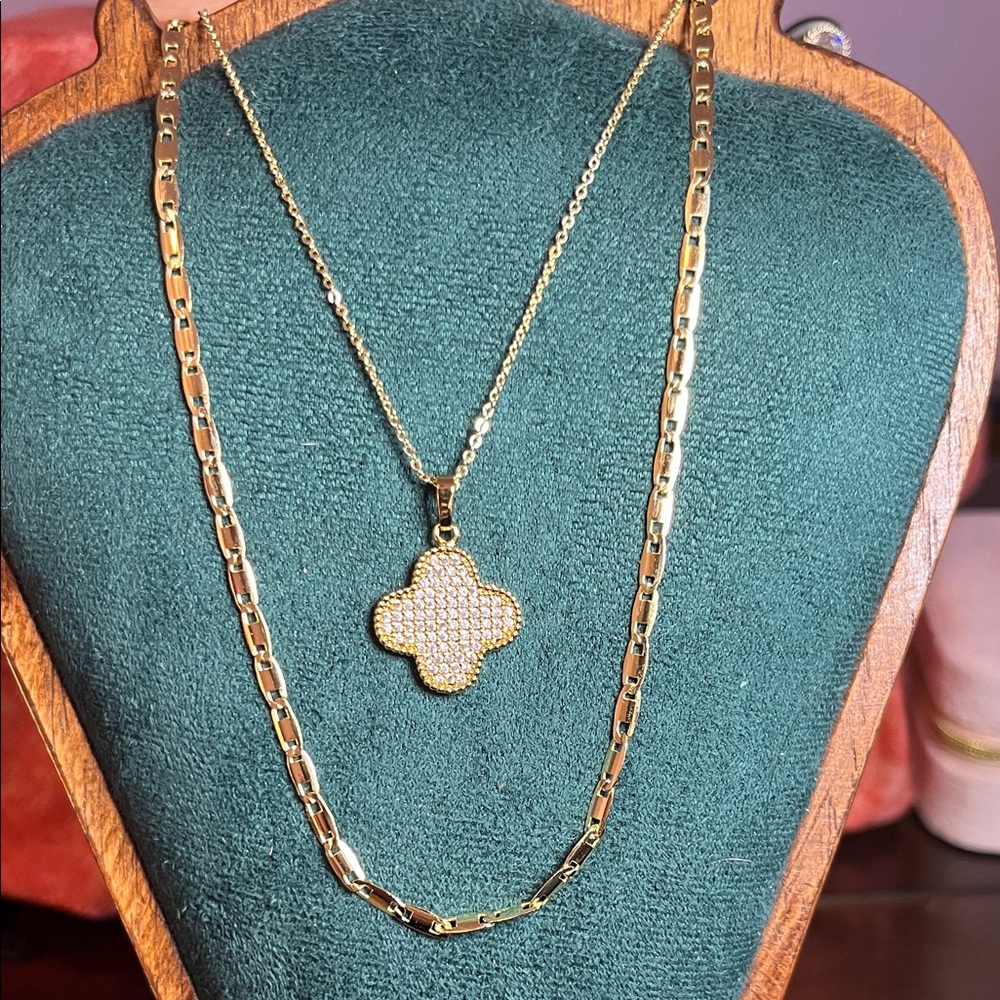 Gold Clover Pave Pendant Necklace 16-18” and Gold Figaro 18”
